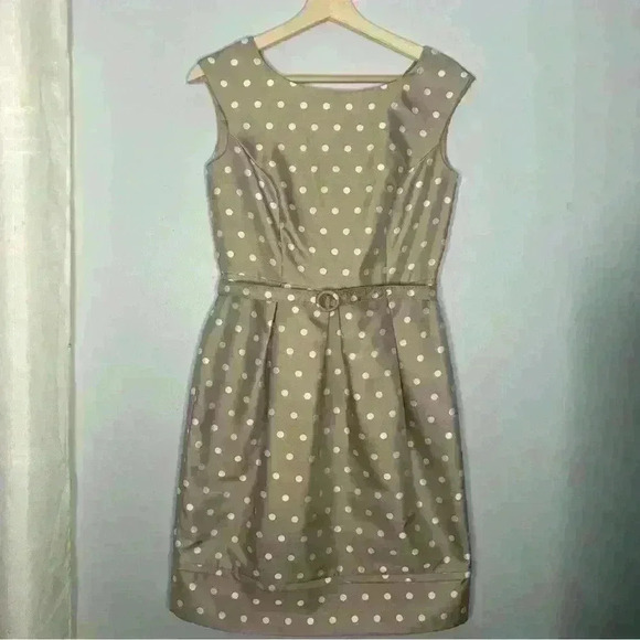 Eliza J Polka Dot Satin Belted Tulip Dress Size 4 Taupe - Picture 3 of 6